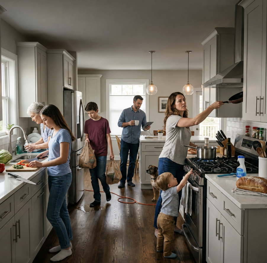 WHO IS ABOUT TO HAVE AN ACCIDENT IN THIS KITCHEN?
