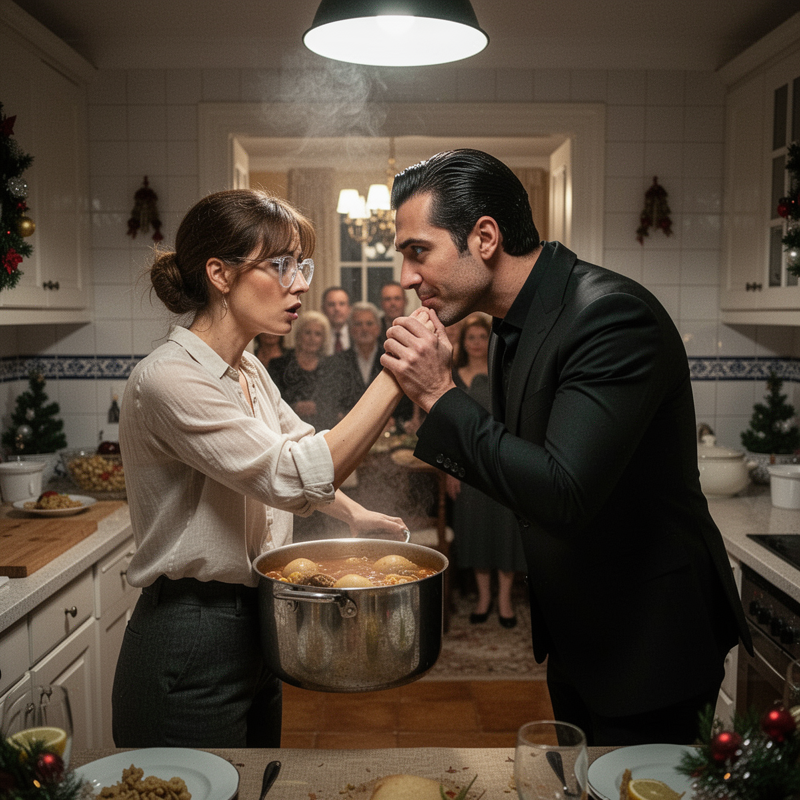 Mi padre invitó a toda la familia a la cena de Nochebuena, pero mi madre me obligó a estar en la cocina cocinando mientras todos los demás celebraban. Dos horas después, un hombre en traje negro en…