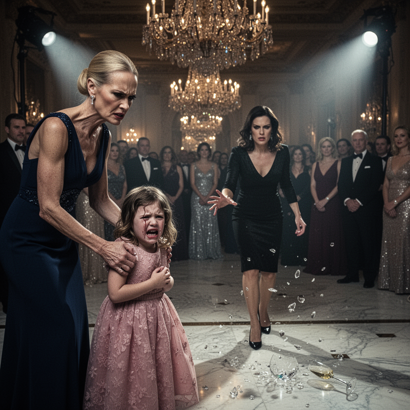 Amidst the glittering chandeliers of the Manhattan charity gala, a powerful elite socialite viciously humiliated and dragged a terrified little girl in a pink dress, while the wealthy crowd of onlo…