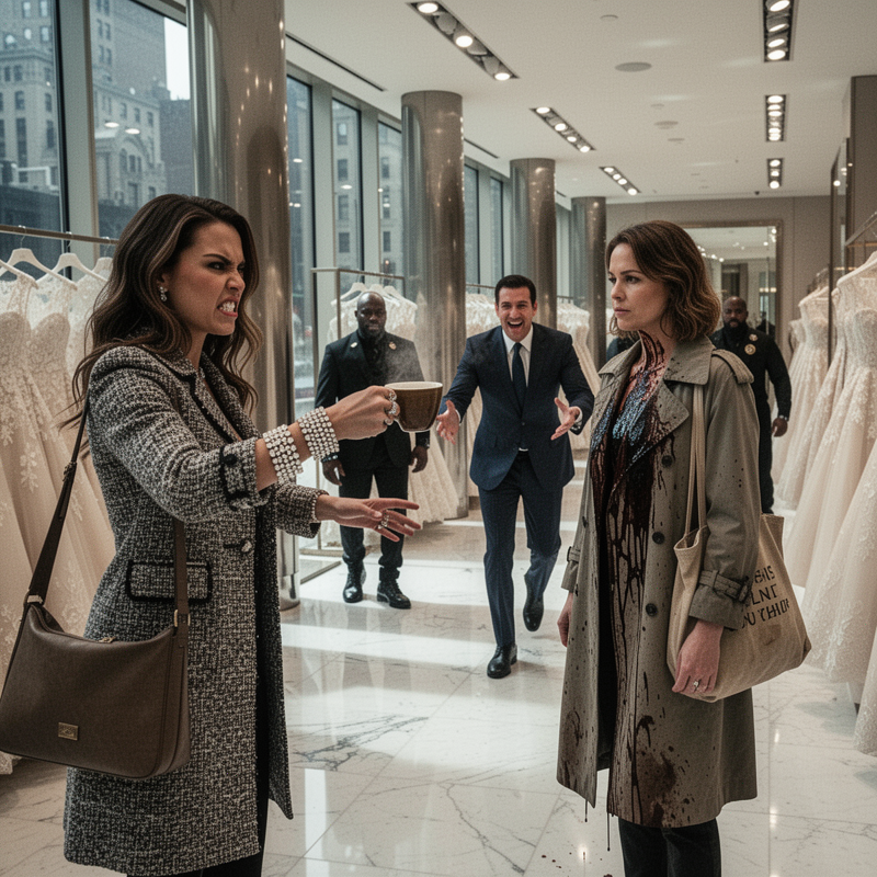 A arrogant heiress threw a scalding hot cup of coffee directly onto my chest at a high-end bridal boutique on Fifth Avenue and body-shamed me for my cheap handbag and worn-out flat shoes, assuming…
