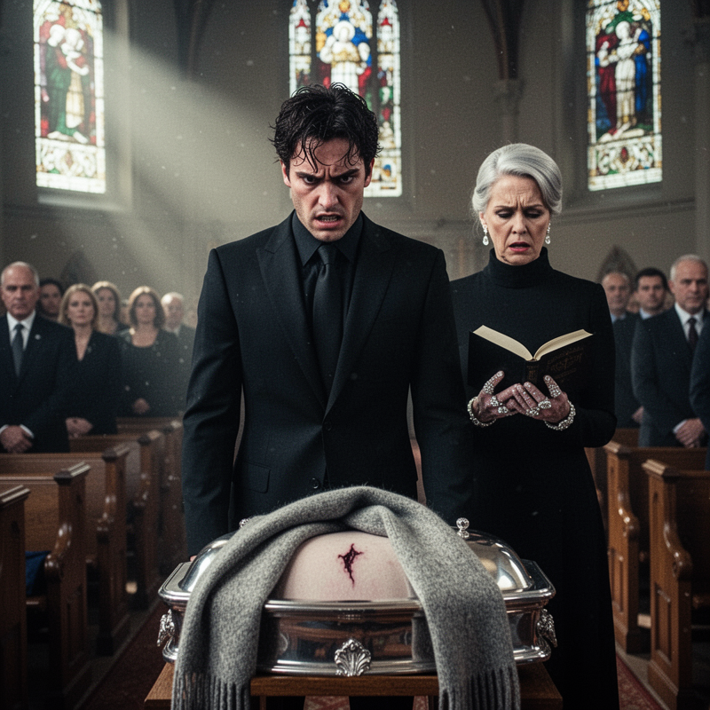 Standing inside the mahogany-paneled memorial parlor to bid a final farewell to his beloved fiancée Claire, Ethan froze in absolute horror when a stray draft of wind slipped her silk scarf aside to…