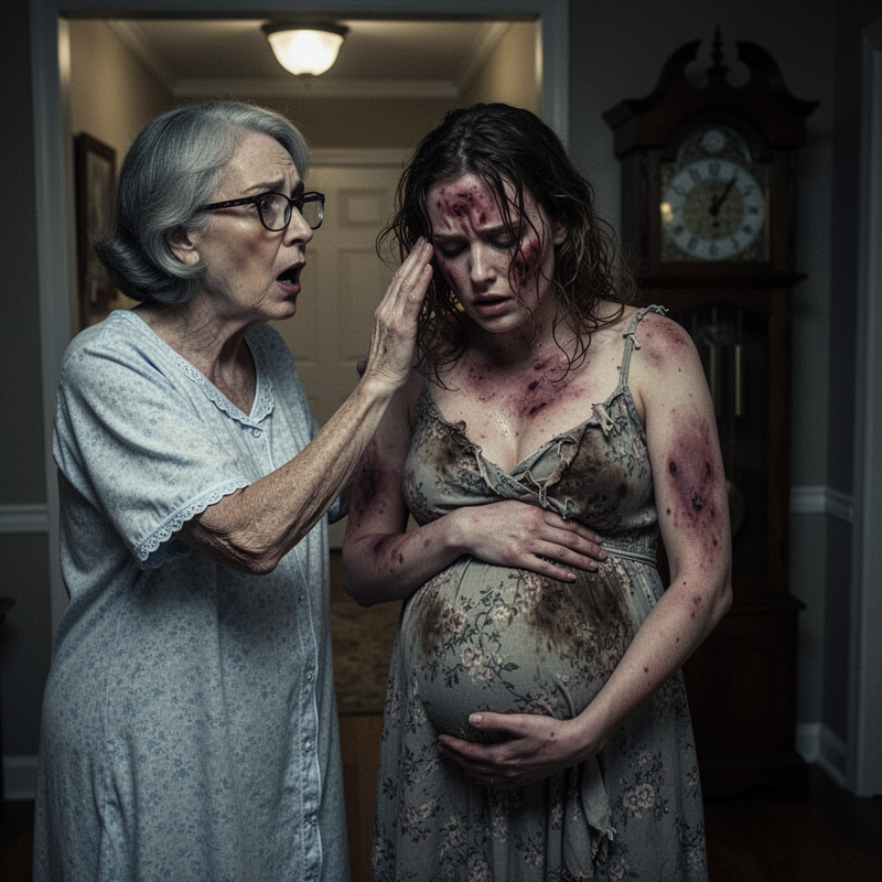 My daughter appeared on my doorstep at midnight, clutching her pregnant belly, her designer dress torn. “He said the police work for him, Mom,” she sobbed, covered in bruises and barefoot.
