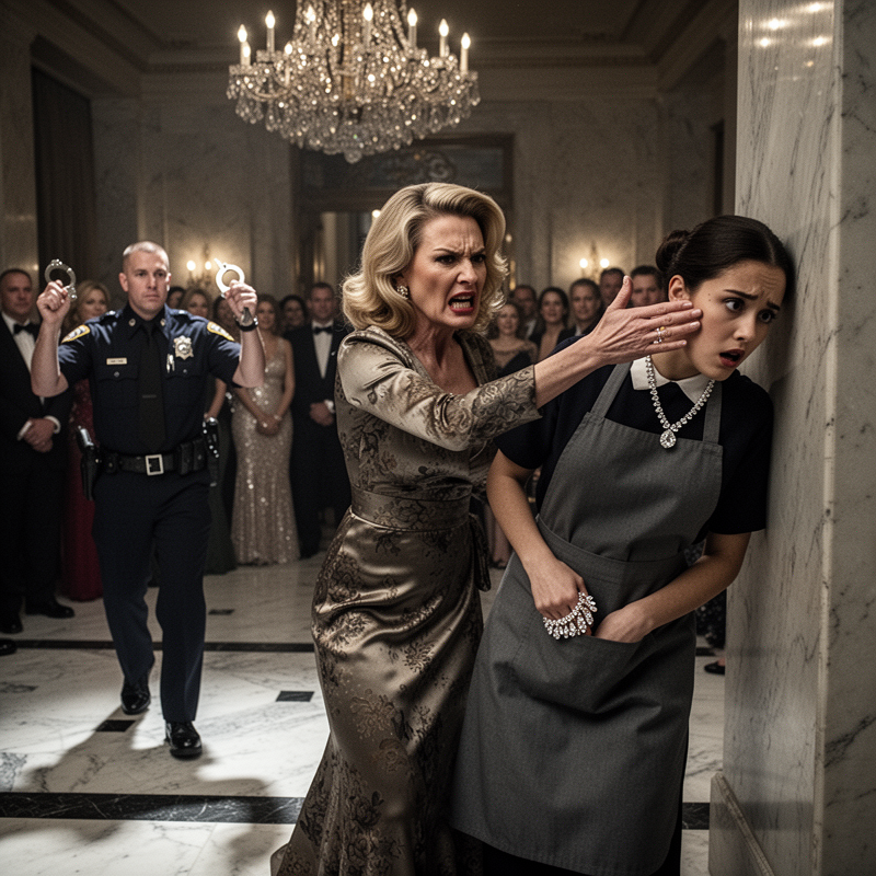 In the grand foyer of a sprawling Manhattan estate, a wealthy socialite cruelly slapped and accused her quiet maid of stealing a priceless diamond necklace, plotting to utterly ruin her life.